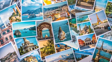 Poster - A collection of travel photographs stacked on top of each other.