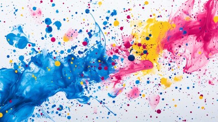 Fototapete - Abstract background with vibrant splashes of blue pink and yellow ink scattered across a white canvas creating a dynamic and colorful ink splatter effect