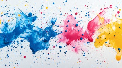 Fototapete - Abstract background with vibrant splashes of blue pink and yellow ink scattered across a white canvas creating a dynamic and colorful ink splatter effect