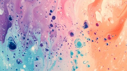 Poster - Abstract scene of colorful ink splatters in pastel shades of lavender mint and peach creating a soft yet vibrant background with a playful and fluid design
