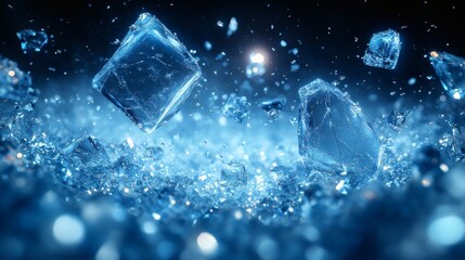 Fototapete - Abstract scene of scattered blue glass shards floating in space with translucent reflections and sharp angular shapes creating a sense of fragmentation and depth