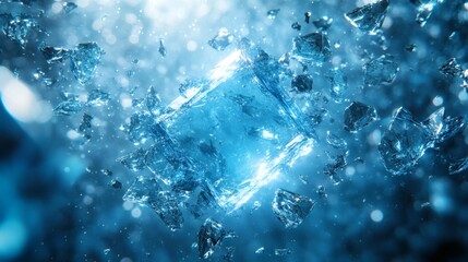 Fototapete - Abstract scene of scattered blue glass shards floating in space with translucent reflections and sharp angular shapes creating a sense of fragmentation and depth