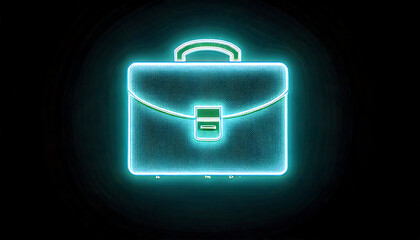 Poster - Stylized neon briefcase graphic on dark background. Ideal for business, technology, and finance projects.  Creates a modern and abstract feel, perfect for website banners or presentations.