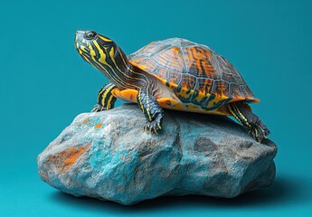 Poster - Colorful turtle resting on a textured rock against a vibrant teal background showcasing its intricate shell patterns and lively colors in a serene environment