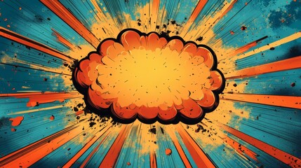 Poster - Exploding speech bubble in bold comic style with sharp rays of color and action lines shooting outwards creating a highenergy popart background