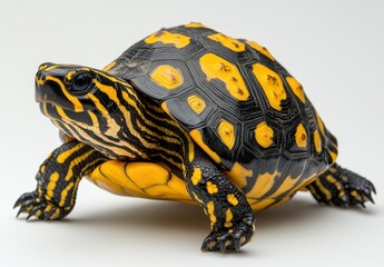 Poster - Colorful turtle with bright yellow markings on a clean white background showcasing unique shell patterns and textures in natural light