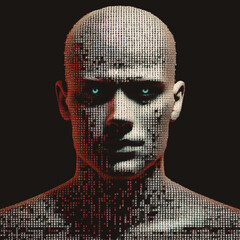 A futuristic and surreal digital portrait of a bald man with glowing cyan eyes, his face and body composed of cascading numerical codes and symbols, evoking themes of artificial intelligence.
