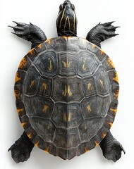 Poster - Detailed Close-Up of a Beautiful Turtle Shell Displaying Natural Patterns and Texture with Black and Yellow Features on a White Background