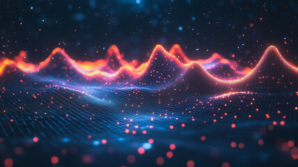 Poster - Abstract Data Landscape: A mesmerizing digital landscape of glowing, abstract mountains and valleys, rendered in vibrant shades of blue, orange and pink.