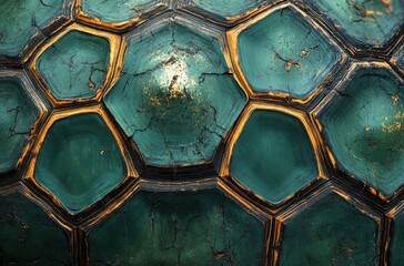 Poster - Detailed Close-Up of Turtle Shell Texture Showing Unique Honeycomb Patterns and Vibrant Green and Gold Coloring with Cracks and Natural Wear