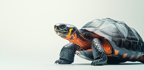 Poster - Detailed Portrait of a Colorful Turtle with Striking Patterns on Its Shell Against a Minimalist Background
