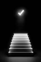 Aufkleber - Glowing staircase with bright white steps ascending towards an illuminated checkmark in a dark minimalistic setting, symbolizing success, achievement, and progress