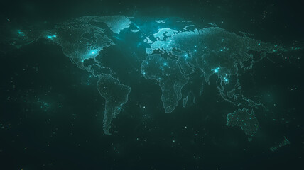 Poster - Global Network: A mesmerizing abstract depiction of the world map, composed of interconnected lines and glowing nodes, symbolizing a global network of interconnectedness.