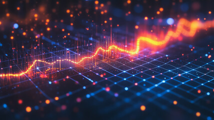 Poster - Data Stream Surge: A dynamic visualization of data points forming a rising curve, showcasing vibrant colors and intricate network connections. The image symbolizes growth.