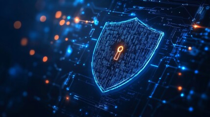 Poster - A digital shield with a keyhole, symbolizing cybersecurity and data protection against online threats and vulnerabilities.