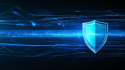 Poster - A glowing blue shield symbolizing digital security against cyber threats with abstract lines representing data flow in a dark background.