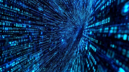 Fototapete - An abstract digital scene showcasing a vortex of glowing blue binary code, representing data flow and technology.