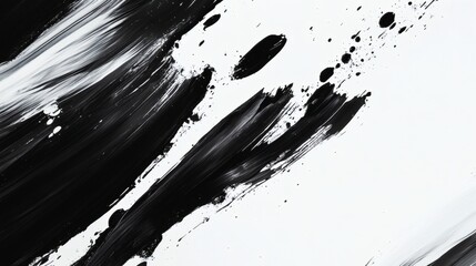 Fototapete - Bold black ink brush strokes splashing across crisp white background forming abstract patterns with dynamic flow and sharp contrasts in a minimalist style