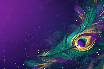 Aufkleber - Colorful peacock feather illustration with gold and purple hues, creating a luxurious and elegant design on a vibrant purple background