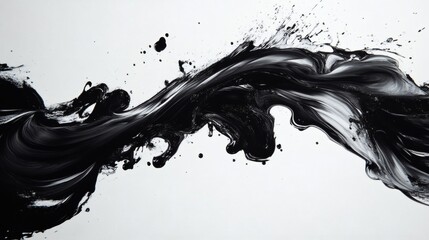 Fototapete - Bold black ink brush strokes splashing across crisp white background forming abstract patterns with dynamic flow and sharp contrasts in a minimalist style