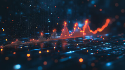 Poster - Digital Data Fluctuation: A mesmerizing abstract illustration depicting digital data as glowing lines rising and falling over a textured, intricate background.