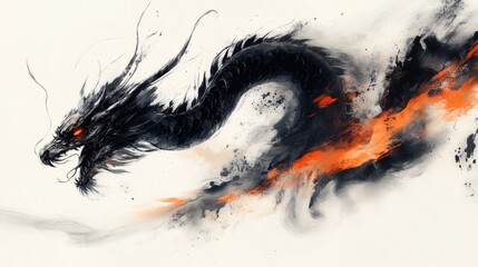 Poster - Bold ink strokes depicting fierce dragon with twisting body and detailed scales in an abstract yet graceful form set against a simple white background creating a powerful illustration
