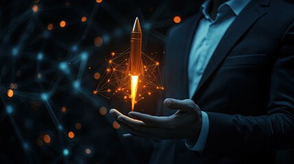 Poster - A businessman with a rocket in a  market scene, illustrating business success and the startup concept