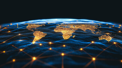 Poster - Global Network: A mesmerizing visualization of the world map at night, illuminated by city lights, interconnected by a glowing network of lines representing global communication and connectivity.  