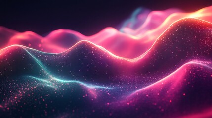 Poster - Bright neon green pink abstract background with glowing geometric shapes and smooth wave effects forming a modern digital design
