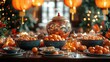 © Ali - Festive table setting with oranges, lanterns, and ornate vase.