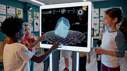 Poster - kids engaging with interactive holographic display in a modern classroom setting
