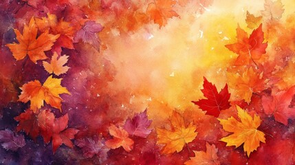Fototapete - Bright watercolor autumn leaves painted bold strokes of warm colors scattered across a textured canvas celebrating the coming of autumn