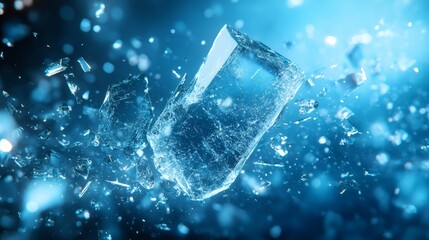 Fototapete - Broken glass shards scattered across deep blue background creating a dynamic abstract composition with glowing edges and reflective surfaces evoking a sense of fragmentation