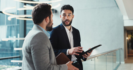 Poster - Office, lobby and business men with tablet for advice, schedule information or conference hall discussion. Seminar, employee and keynote speaker with smile for networking, research or online review