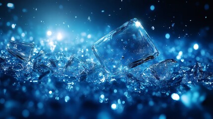 Fototapete - Broken glass shards scattered across deep blue background creating a dynamic abstract composition with glowing edges and reflective surfaces evoking a sense of fragmentation