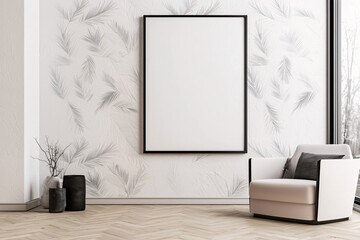 Wall Mural - modern interior featuring minimalist design with large blank frame on tropical leaf patterned wall. space includes stylish armchair and decorative vases, creating serene atmosphere