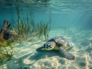 Poster - Majestic Sea Turtle Swimming Gracefully Through Clear Waters Surrounded by Lush Underwater Vegetation Beneath a Calm Surface