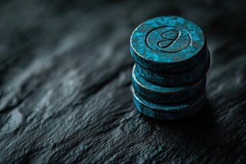 Poster - A black and white macro photograph of a stack of coins, symbolizing the concept of saving money