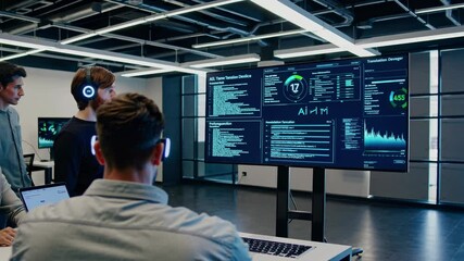 Leinwandbilder - Innovative team collaborates with holographic technology in a sleek futuristic workspace for efficient project management