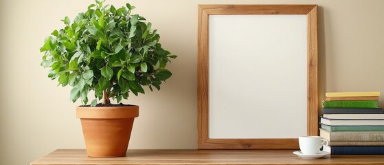 Poster - Green plant on a wooden table next to a framed picture with a soft background and natural light