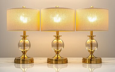 Three lit table lamps with gold bases and beige shades on a marble surface