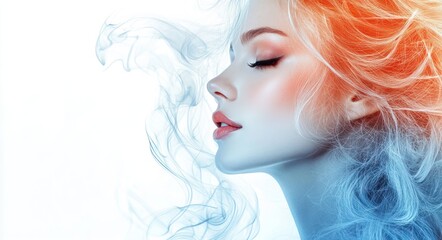 Wall Mural - A close-up portrait of a beautiful woman with long white hair and make-up . Haircare, beauty and cosmetics concept.