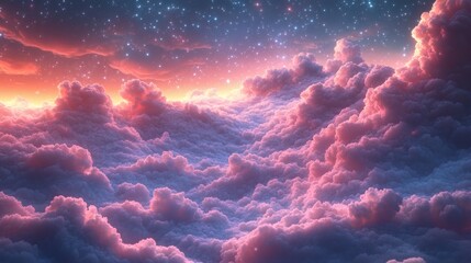 Poster - Colorful background fluffy clouds in shades of lavender and peach floating under a sky full of sparkling stars creating a vibrant celestial scene with soft glowing light