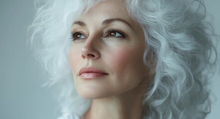 Wall Mural - A close-up portrait of a beautiful woman with long white hair and make-up . Haircare, beauty and cosmetics concept.