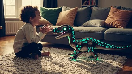 Aufkleber - Child interacts with futuristic hologram dinosaur toy in cozy living room setting