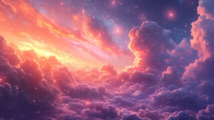 Poster - Colorful background swirling clouds in shades of pink and purple accented by shimmering stars and glowing orbs floating across a radiant gradient sky filled with dreamlike wonder
