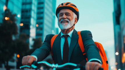 Radfahrender Geschäftsmann in modernem urbanem Umfeld bei Nacht

