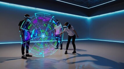 Leinwandbilder - Interactive holographic display allows users to explore virtual environments in a high-tech setting