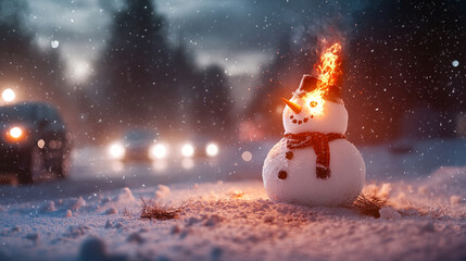 Aufkleber - Snowman on fire with glowing flames and winter scenery, surrounded by snowfall and cars in the background, symbolizing contrast and artistic expression in a surreal winter concept