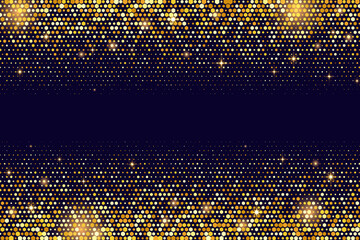 golden glitter on black background. pattern with vector dust and confetti. halftone dotted sparkles 